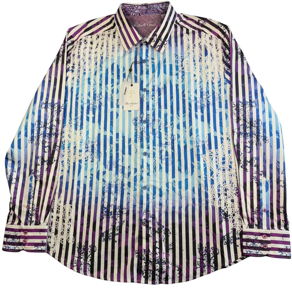 Robert Graham Phillmore Shirt Mens XL Blue Purple White Embroidered Striped NWT